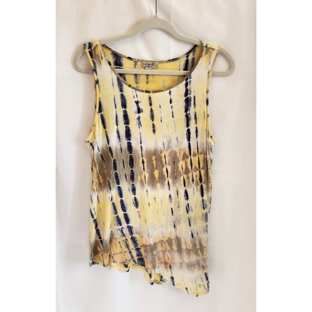 One World Yellow Tie Dye Sleeveless Top Size Large Stretch Asymmetrical Hem